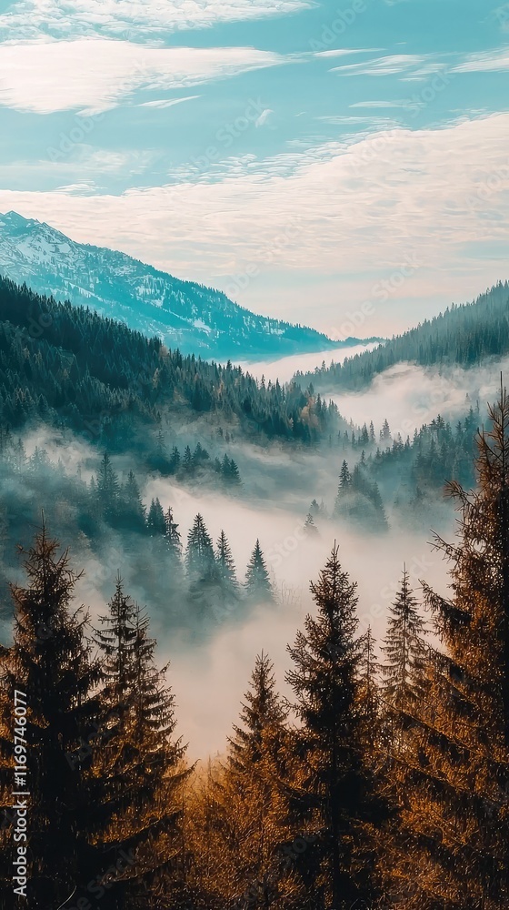 Obraz premium Misty Mountain Landscape in Pine Forest with Beautiful Blue Sky