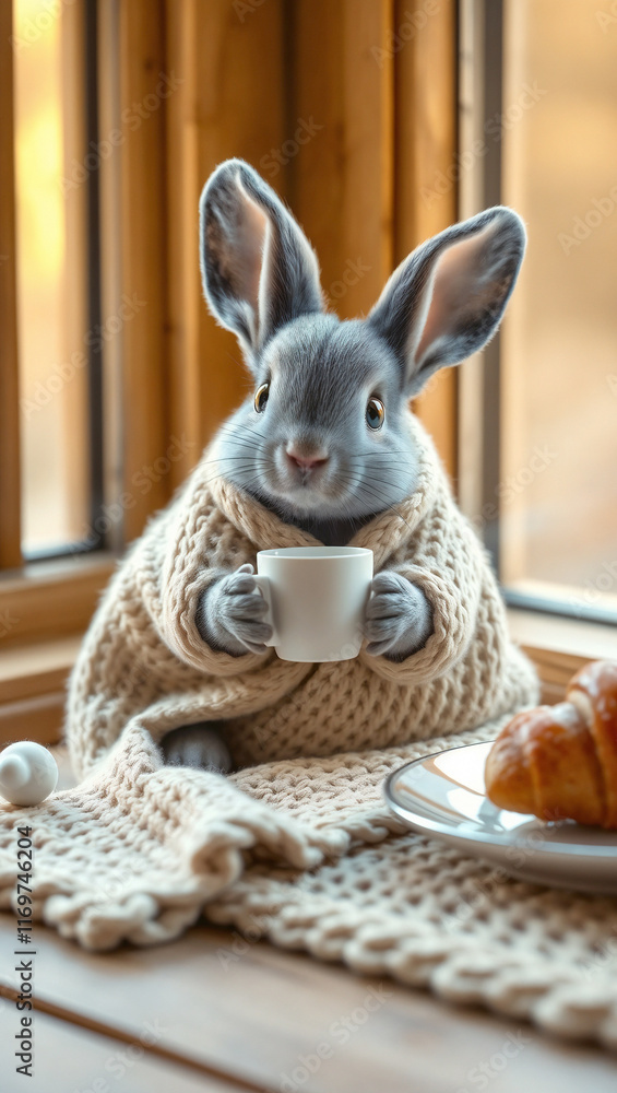 Sweet AI-generated bunny enjoying tea from a little cup on a wooden table. A croissant rests nearby, bringing cute and cozy tea-time vibes to life. Sweet AI-generated bunny enjoying tea from a little cup on a wooden table. A croissant rests nearby, bringing cute and cozy tea-time vibes to life.