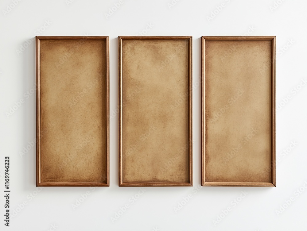 Fototapeta premium Set three vertical oak wooden frames displayed on a white wall perfect for artwork paintings or posters.