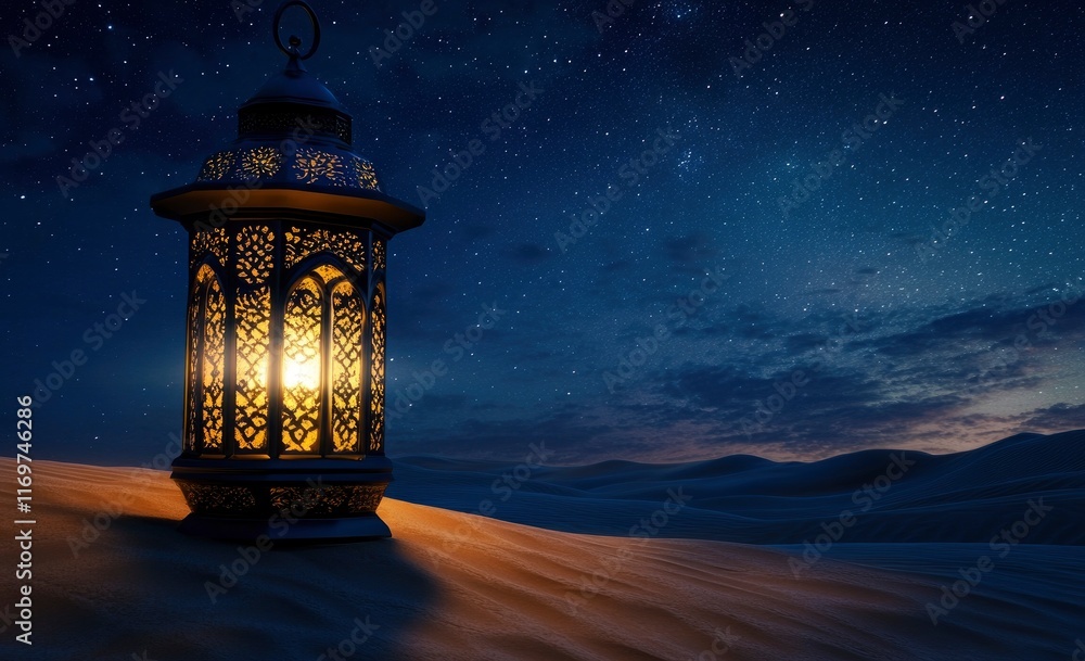 A beautiful lantern glowing in the night sky, casting an enchanting glow on sand dunes under clear starry skies, creating a serene and mystical atmosphere during Ramadan. Photorealistic 3D rendering A beautiful lantern glowing in the night sky, casting an enchanting glow on sand dunes under clear starry skies, creating a serene and mystical atmosphere during Ramadan. Photorealistic 3D rendering