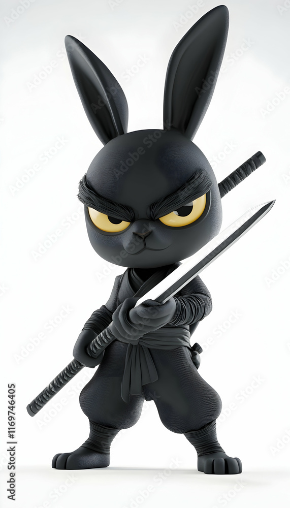 Stealthy 3D cartoon ninja rabbit wielding a sword, standing on a white background Stealthy 3D cartoon ninja rabbit wielding a sword, standing on a white background