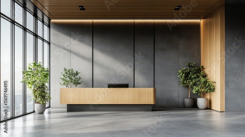 A modern lobby showcasing a wooden reception desk in a minimalist design, complemented by gray stone walls and large windows.
