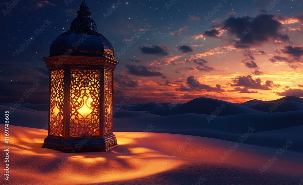 A beautiful lantern glowing in the night sky over desert dunes, with an Arabic pattern design and intricate details. The sand is soft and warm under its glow, creating a peaceful atmosphere A beautiful lantern glowing in the night sky over desert dunes, with an Arabic pattern design and intricate details. The sand is soft and warm under its glow, creating a peaceful atmosphere