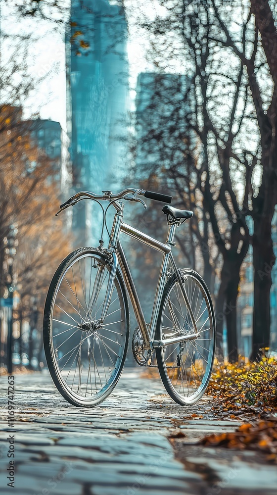 Fototapeta premium Stylish Bicycle on Urban Path with Towering Cityscape Background