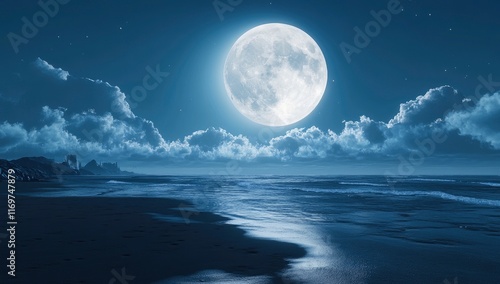 A large, full moon with clouds on the horizon against a dark blue background. A night sea with a beach, in a fantasy style with a fantastic scenery. Detailed textures of water and sand, with a photore photo