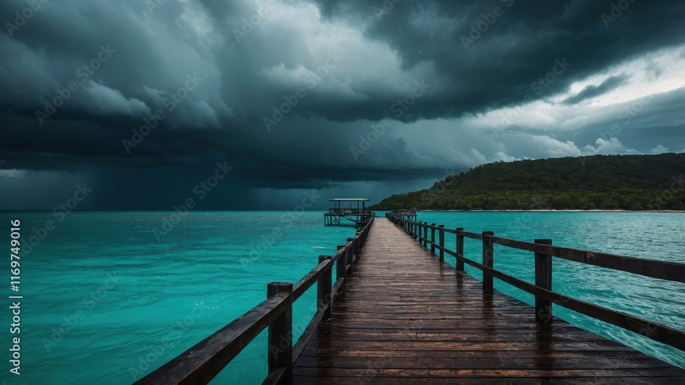 Fototapeta premium A serene wooden pier extends into the turquoise waters, under dramatic stormy skies filled with dark clouds, creating a striking contrast in nature.
