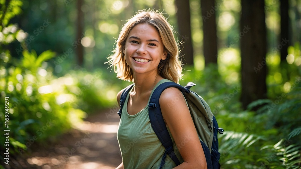 Young woman enjoying a hike through a lush forest trail, radiating joy and adventure in the golden glow of nature's beauty Young woman enjoying a hike through a lush forest trail, radiating joy and adventure in the golden glow of nature's beauty