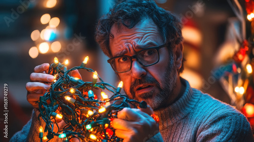 Holiday struggles: dad untangling a mess of festive christmas lights photo