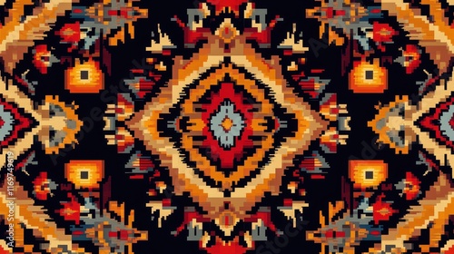 A Navajo tribal ethnic seamless pattern background featuring intricate and vibrant Native American textile designs. photo