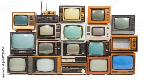 A nostalgic collection of vintage retro TV sets stacked together, showcasing the evolution of television design through different eras. photo