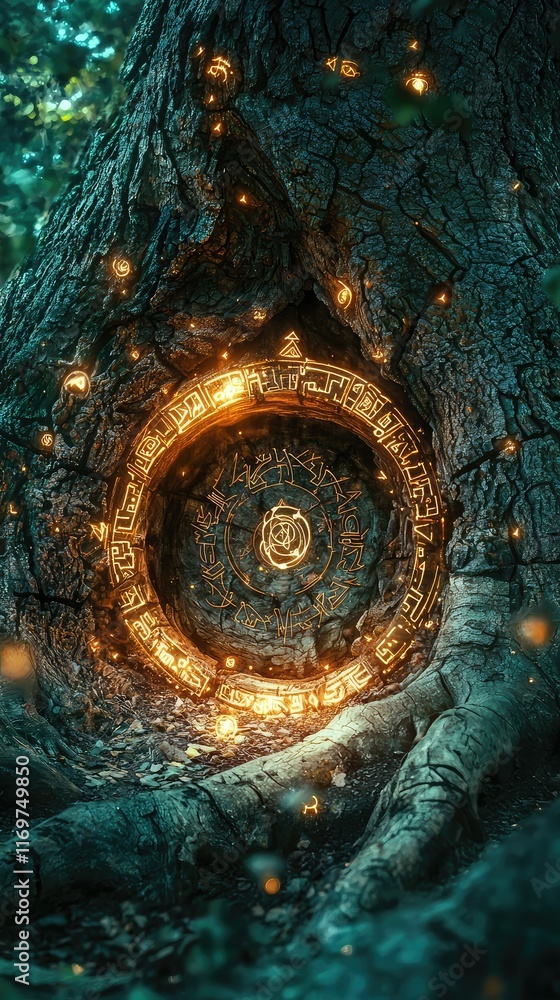 Enchanted Tree Root with Mystical Portal and Glowing Symbols Enchanted Tree Root with Mystical Portal and Glowing Symbols