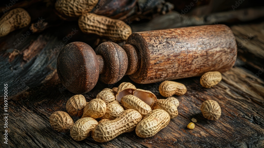 Wooden Rolling Pin with Shelled Peanuts on Rustic Table Wooden Rolling Pin with Shelled Peanuts on Rustic Table
