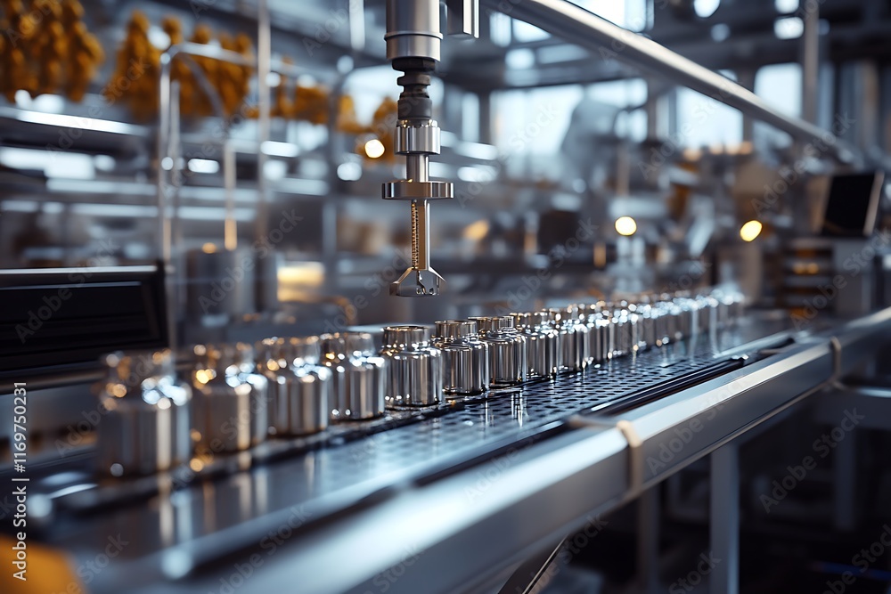 Fototapeta premium Modern robotic arm placing metal cylinders on a production line in high tech factory