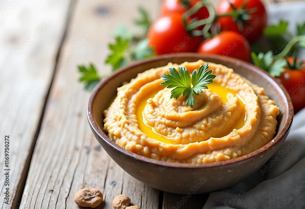 Chickpea hummus on a rustic wooden table Chickpea hummus on a rustic wooden table