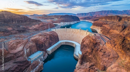 Majestic Hoover Dam at sunset, showcasing its grandeur nestled within the dramatic Colorado River canyon.
