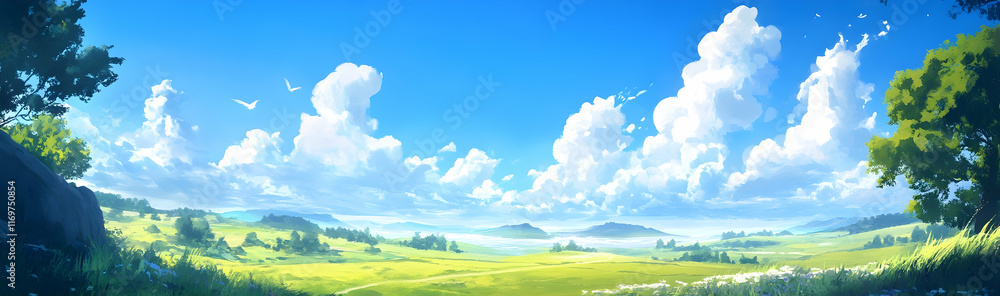 Fototapeta premium Sunny Skies: A vast blue sky dotted with fluffy clouds, bathed in warm sunshine and cool breezes