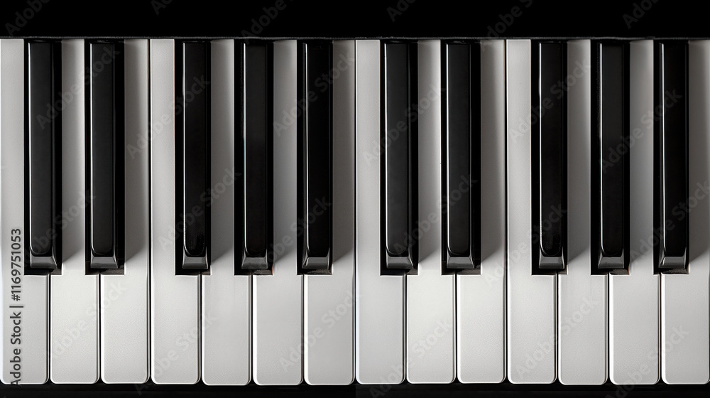 Piano keyboard with black and white keys arranged for musical performance and practice in a well-lit environment. Piano keyboard with black and white keys arranged for musical performance and practice in a well-lit environment.