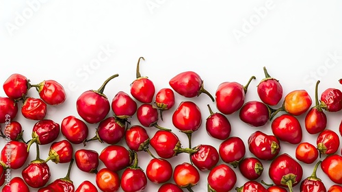 Red chili peppers arranged on white background.