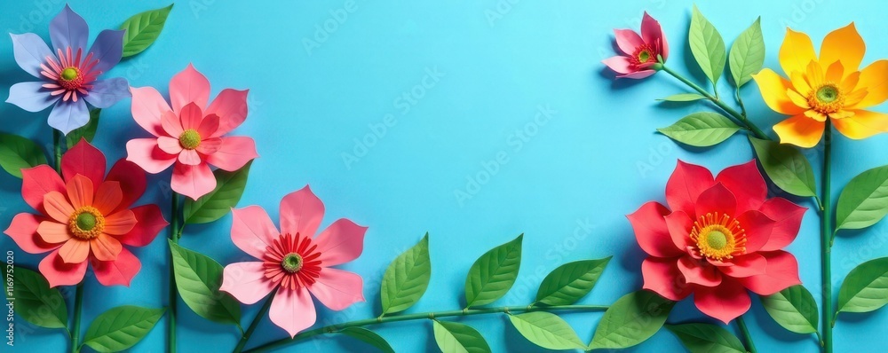 Colorful paper cut flowers arranged on a blue background with green leaves and empty space, paper, cutout, green leaves Colorful paper cut flowers arranged on a blue background with green leaves and empty space, paper, cutout, green leaves