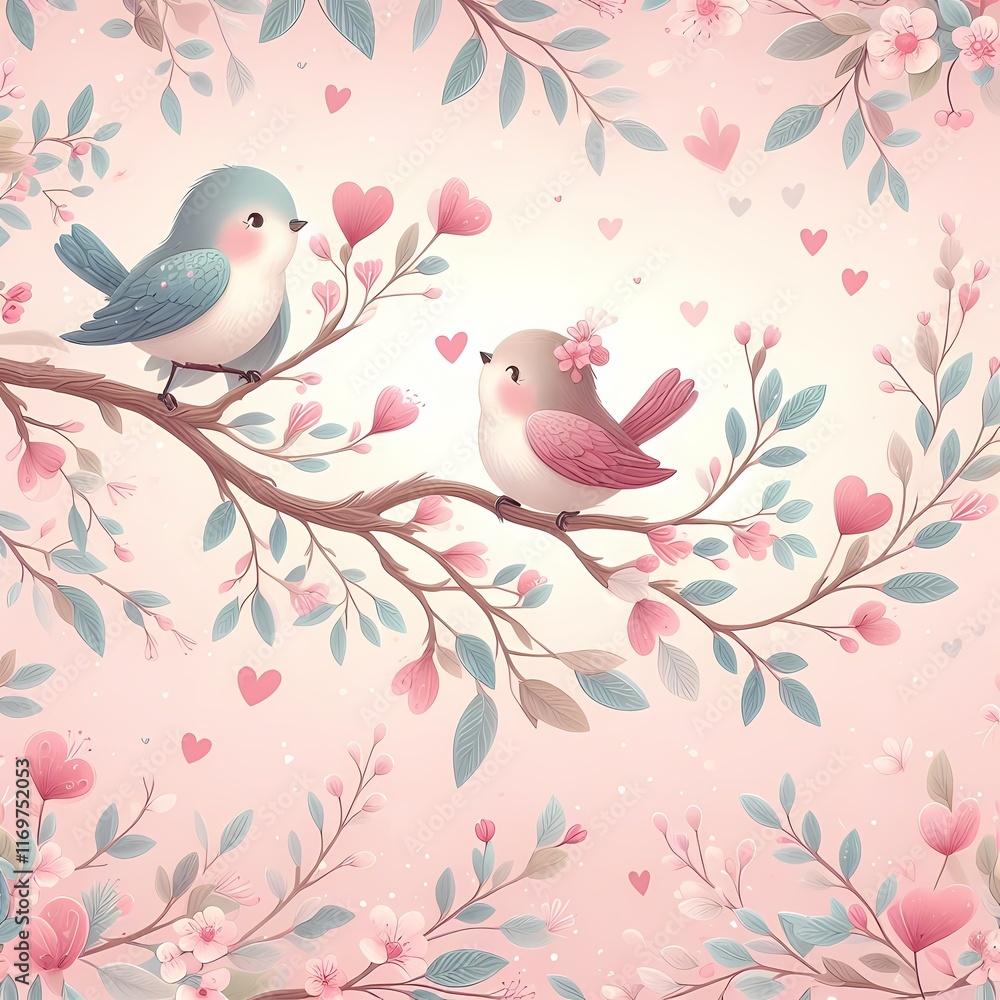 Valentines Day pattern with love birds perched on tree branches, surrounded by leaves and blossoms Valentines Day pattern with love birds perched on tree branches, surrounded by leaves and blossoms