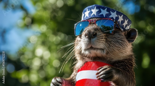 A portrait of a cute beaver dressed in a stars and stripes hat and sunglasses, celebrating the 4th of July with a festive and patriotic theme. photo