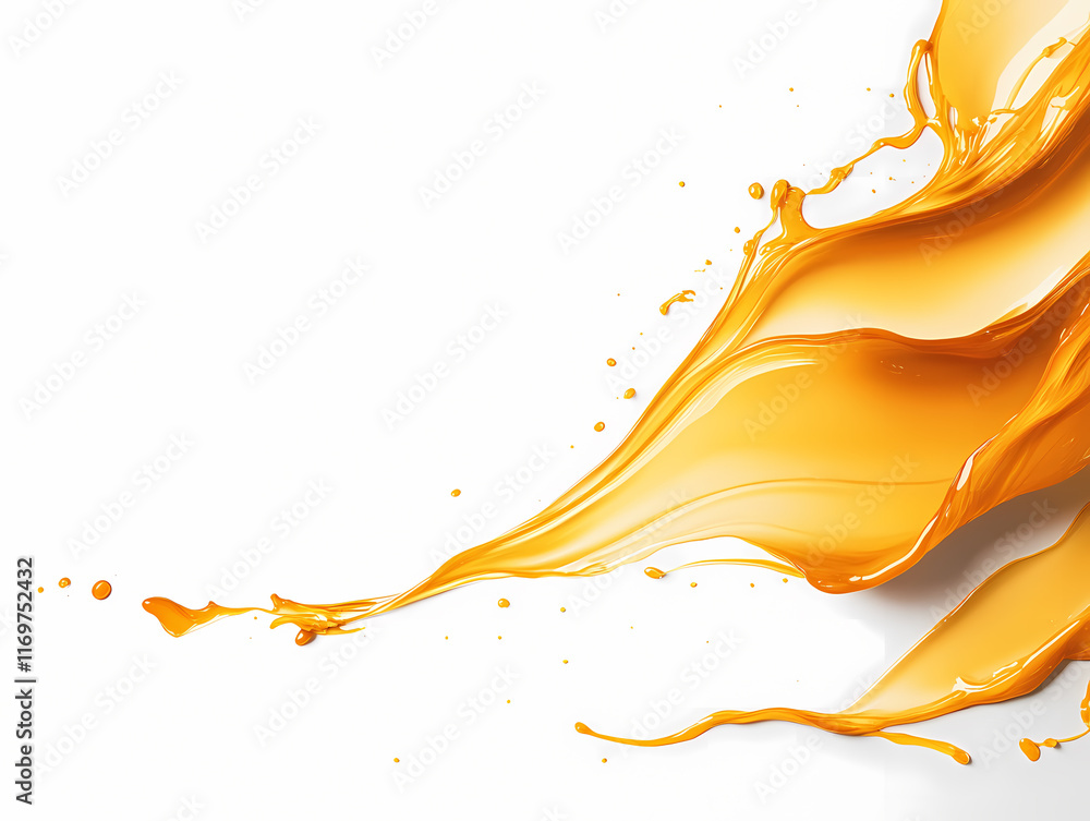 Fototapeta premium Golden liquid splashes against a white background. Dynamic and vibrant, this image evokes a sense of freshness and energy.