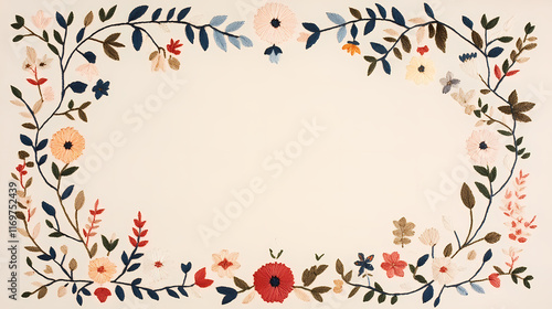 Delicate floral embroidery creates a beautiful frame on a creamy background. Perfect for invitations, cards, or any design needing a touch of elegance.