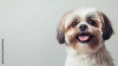 A portrait of an adorable and joyful Shih Tzu dog, showcasing its cheerful personality against a banner with ample copy space. photo