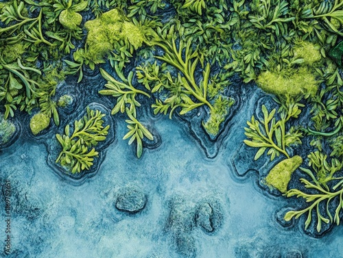 An aerial view of the rococo inspired shallow water in an Australian coastal lagoon, showcasing intricate patterns and textures created by natural elements like sea plants, saltwater waves, and fine photo