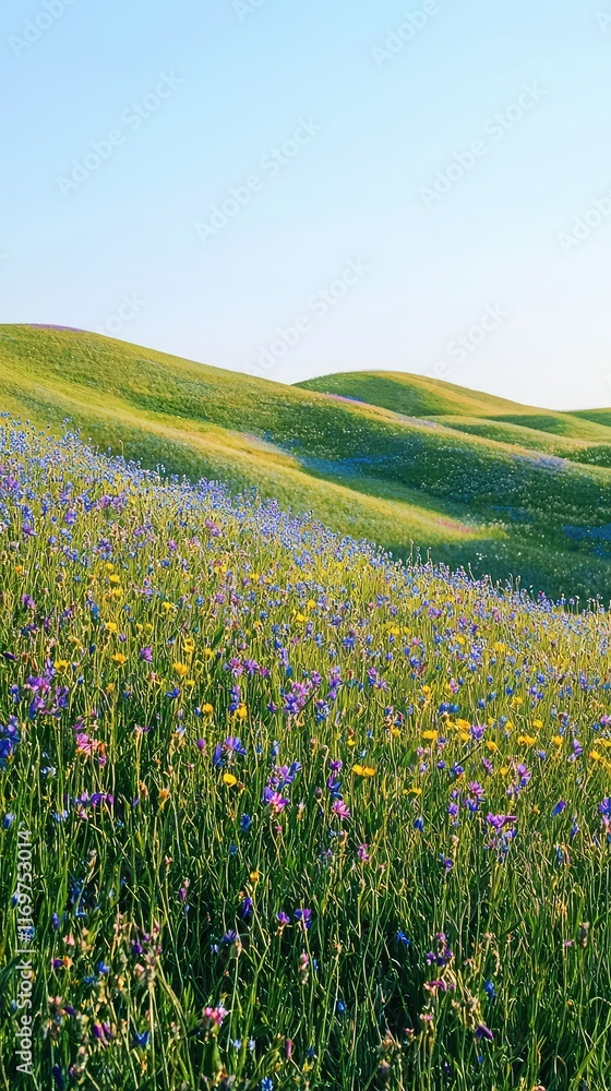 Obraz premium Colorful Wildflowers Blooming on Rolling Green Hills in Spring