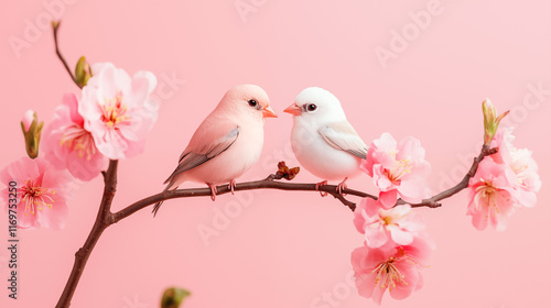 Cute cartoon birds perched on a blossoming cherry branch, a sweet spring floral illustration perfect for Valentine's Day cards photo