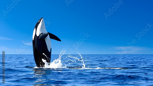 Orca Leaping: A powerful orca leaps out of the water, creating a splash of white against a deep blue sky and sea, phone wallpaper photo