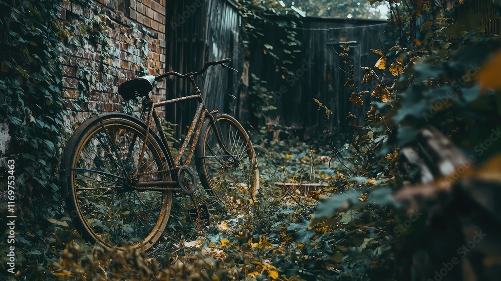 Fototapeta premium Abandoned Bicycle Surrounded by Overgrown Vegetation in Alleyway