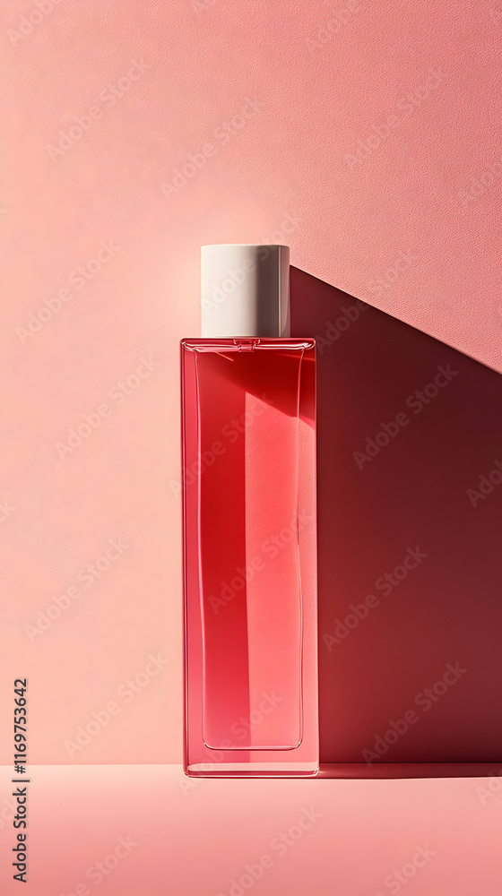 A sleek, pink bottle filled with liquid, casting a shadow on a matching background. Work from home product A sleek, pink bottle filled with liquid, casting a shadow on a matching background. Work from home product