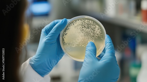 A scientist in blue gloves holds a petri dish containing bacterial or viral samples. photo