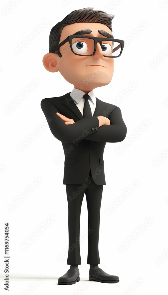 Thoughtful 3D cartoon businessman seeking a solution Thoughtful 3D cartoon businessman seeking a solution