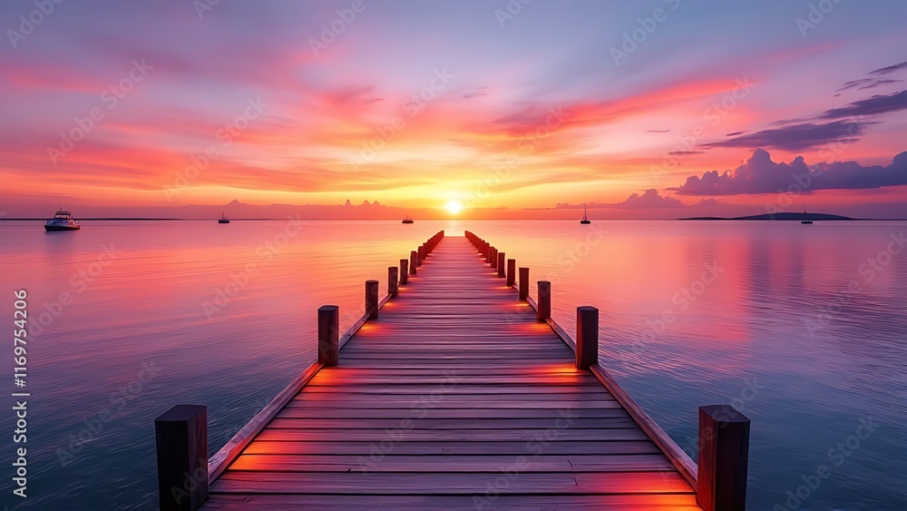 Wooden pier path, illuminated by a warm glow of LED lights, stretches out like a welcoming ribbon, offering a panoramic view of tranquil ocean at sunset, creating a serene and enchanting atmosphere Wooden pier path, illuminated by a warm glow of LED lights, stretches out like a welcoming ribbon, offering a panoramic view of tranquil ocean at sunset, creating a serene and enchanting atmosphere