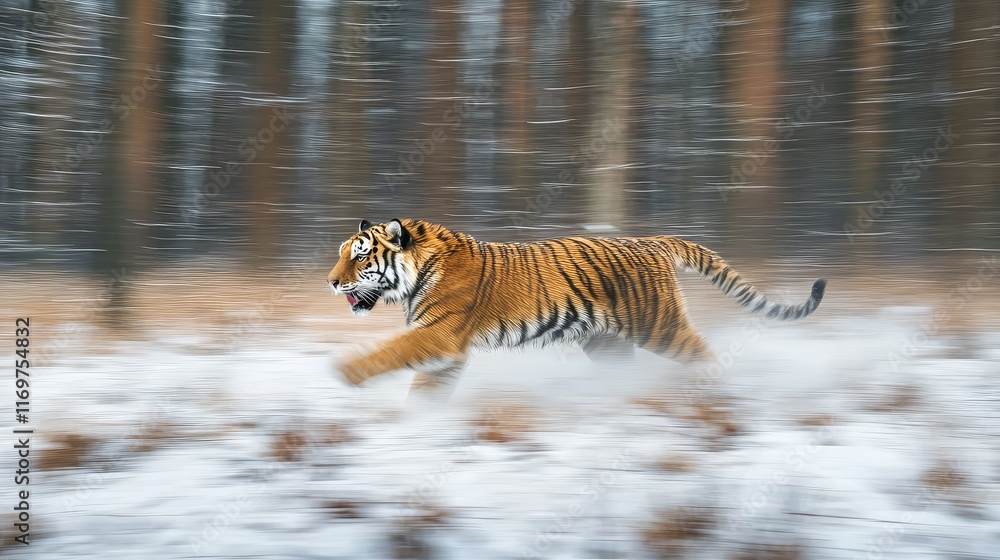 Obraz premium Tiger Running through Snowy Forest in Motion Blur Effect