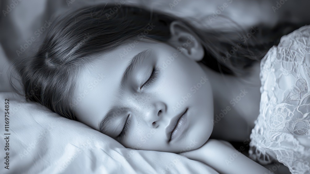 A serene portrait of a young girl peacefully sleeping, embodying relaxation and dreams. A serene portrait of a young girl peacefully sleeping, embodying relaxation and dreams.
