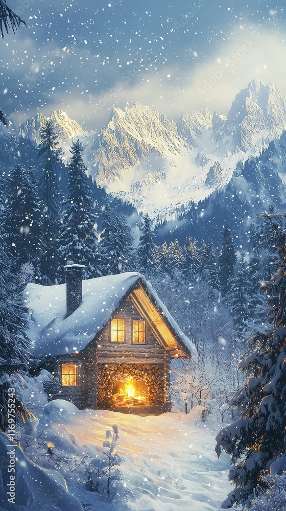 Cozy Winter Cabin in Snowy Forest with Majestic Mountain View Cozy Winter Cabin in Snowy Forest with Majestic Mountain View