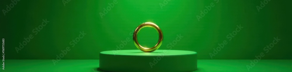 Gold ring on green podium, draped green backdrop, display, green, still life Gold ring on green podium, draped green backdrop, display, green, still life