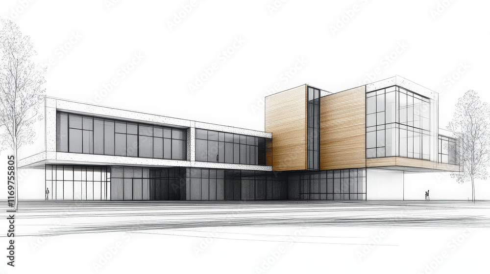 Modern architectural design featuring sleek building with glass and wood elements, surrounded by trees Modern architectural design featuring sleek building with glass and wood elements, surrounded by trees