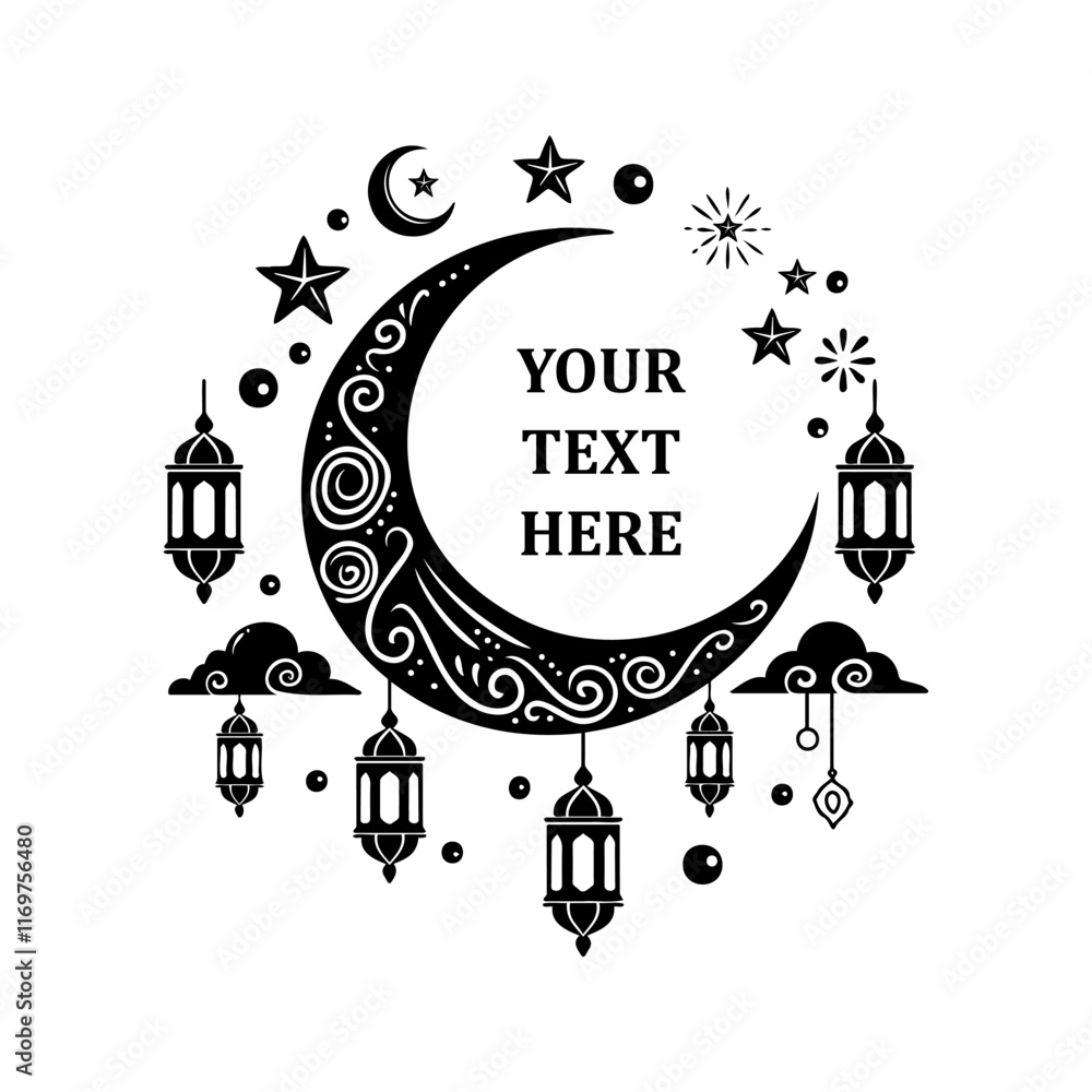 Obraz premium Ramadan kareem greeting card with crescent moon, lantern and star elements