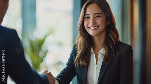 A smiling businesswoman manager shaking hands with a client during an office meeting, demonstrating professionalism and mutual agreement. photo