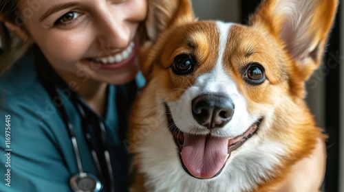 A smiling veterinarian holds a happy corgi dog during a check-up at the clinic, highlighting a positive and friendly veterinary visit. photo