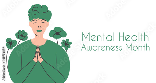 Mental health awareness month background with young woman and flowers. The concept of the beneficial influence of nature on the human psyche