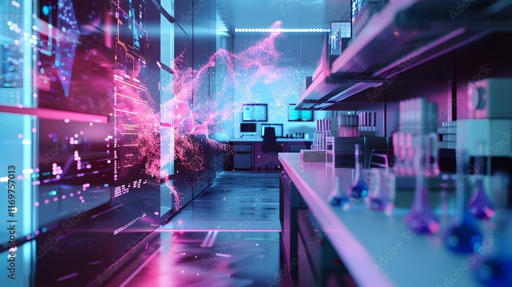 High-tech lab interior with sleek, minimal design, showcasing quantum bits in action with vibrant, colorful representations of quantum states