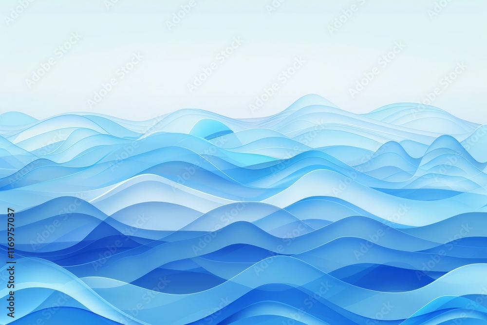 Fototapeta premium Abstract composition of layered blue waves on a white background. Digital illustration with a soft gradient effect representing ocean and water themes. 