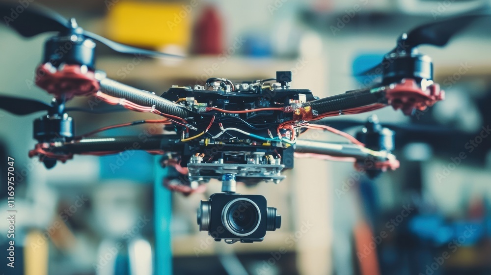 Fototapeta premium A macro shot of a small drones propeller system showing the intricate mechanism and wiring that powers flight alongside calibration tools tered in the background.