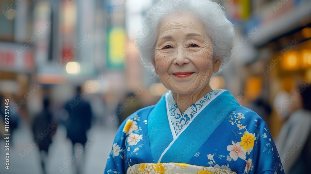 Smiling elderly Asian woman in kimono on city street. (1) Smiling elderly Asian woman in kimono on city street. (1)